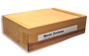 diab-001 Image of small wooden box containing hardcover Duchamp book.