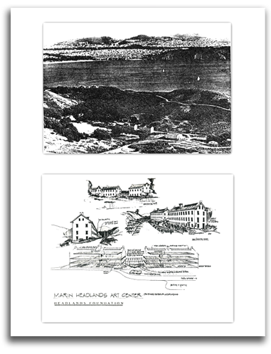 marin_headlands-2pix Aerial view of Marin Headlands and architectural sketch of proposed arts center.