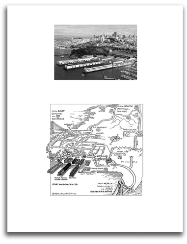 muse-1977-fort_mason Brochure image showing aerial of Fort Mason and locale map placing it in SF.