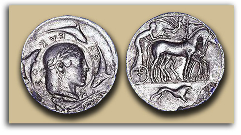 nike-warrior-c1 Image of ancient Greek coins depicting Nike olver a warrior.