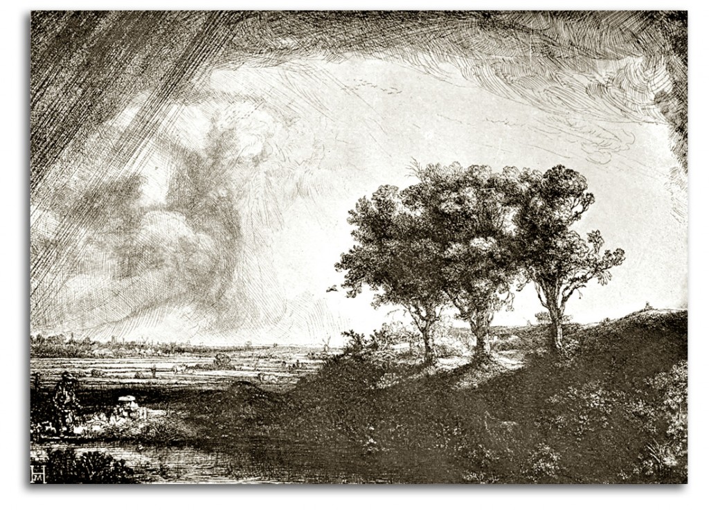rembrandt-three_trees-rev Image of Rembrandt etching, 'Landscape with Three Trees.'