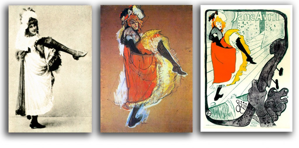 tll-jane_avril-x3 2 of Lautrec's illustrations of Avril, with contemporary photo of her (center).