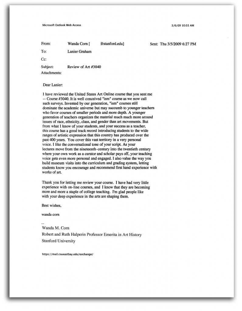 Image of Wanda Corn email review.
